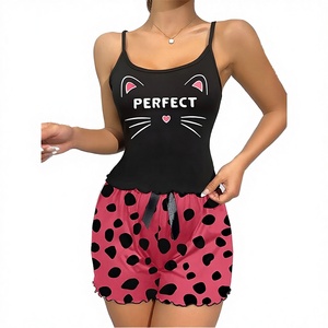 Conjunto de pijama de verano para mujer europea y americana, sexy, con cuello en V, cintura elástica suave, estampado de moda, chaleco con tirantes y pantalones cortos. - Product Image 2