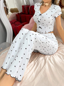 Ensemble <span class=keywords><strong>de</strong></span> pyjama élégant en tricot imprimé <span class=keywords><strong>pour</strong></span> <span class=keywords><strong>femme</strong></span>, toucher doux, pantalon <span class=keywords><strong>de</strong></span> détente à taille élastique, <span class=keywords><strong>tenue</strong></span> <span class=keywords><strong>de</strong></span> soirée confortable 100 % polyester - Product Image 5