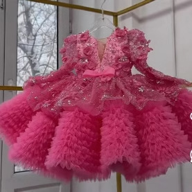 <span class=keywords><strong>Abito</strong></span> da Principessa Rosa Acceso Soffice a Maniche Lunghe per Bambina con Corpetto Floreale, Sovrapposizione in <span class=keywords><strong>Tulle</strong></span> Glitterato, Scollo a V Profondo e Volant Voluminosi - Product Image 3