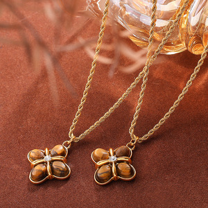 Flower Pendant Necklace 18K Gold Plated Tiger's Eye Oval Stones Round Diamond <b>Rope</b> <b>Chain</b> Classic Style Unisex Jewelry - Product Image 5