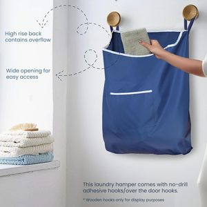 Cesto de Ropa Sucia Colgante Grande con Ganchos para Puerta y Adhesivo, Bolsa Rectangular Duradera que Ahorra Espacio, Azul Marino-L - Product Image 4