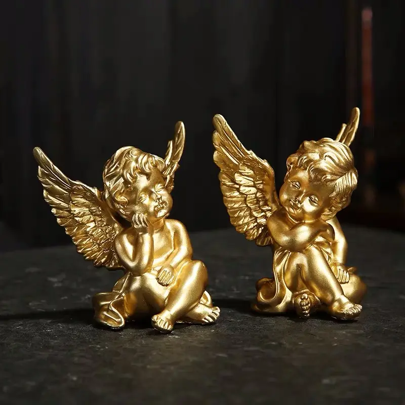 Aangepaste Hars Gouden Zoete Cherub Leuke Kleine Engel Standbeeld Miniatuur Angel Beeldjes