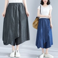 Pantalones Culotte Asimétricos de Verano 2026 al por Mayor, de Mezclilla con Cintura Elástica, Pierna Ancha y Dobladillo Tipo Pañuelo, Dos Colores, para Mujer