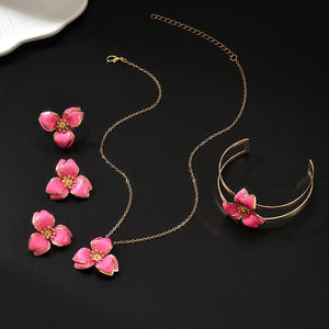 European American Export Korean Style Simple Niche Design Oil-Drip Three-Petal Flower <strong>Earrings</strong> Necklace Vacation Style Set Alloy - Product Image 5