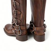 Bottes de motard personnalisables marron vieilli à multiples boucles pour femme, style western rétro, mi-mollet, à talon épais