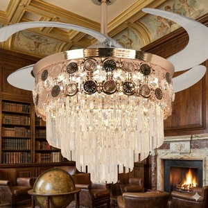 Ventilateur de plafond LED doré avec lustre en cristal, pales rétractables, télécommande, moteur silencieux, décoration de luxe pour la maison - Product Image 2