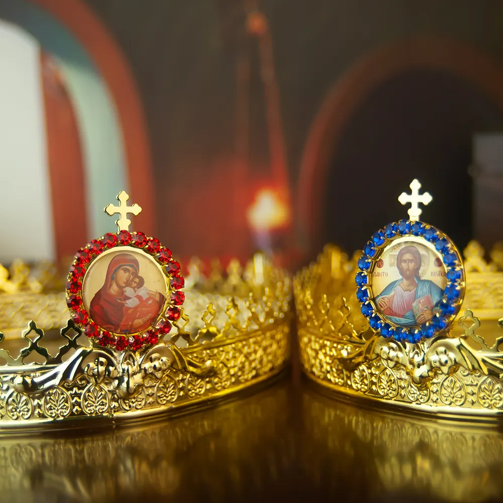 HT Coroa banhada a ouro para homens e mulheres, produto de Igreja Católica Ortodoxa, coroa vintage de casamento com decoração de cruz com ícone de Jesus e Maria