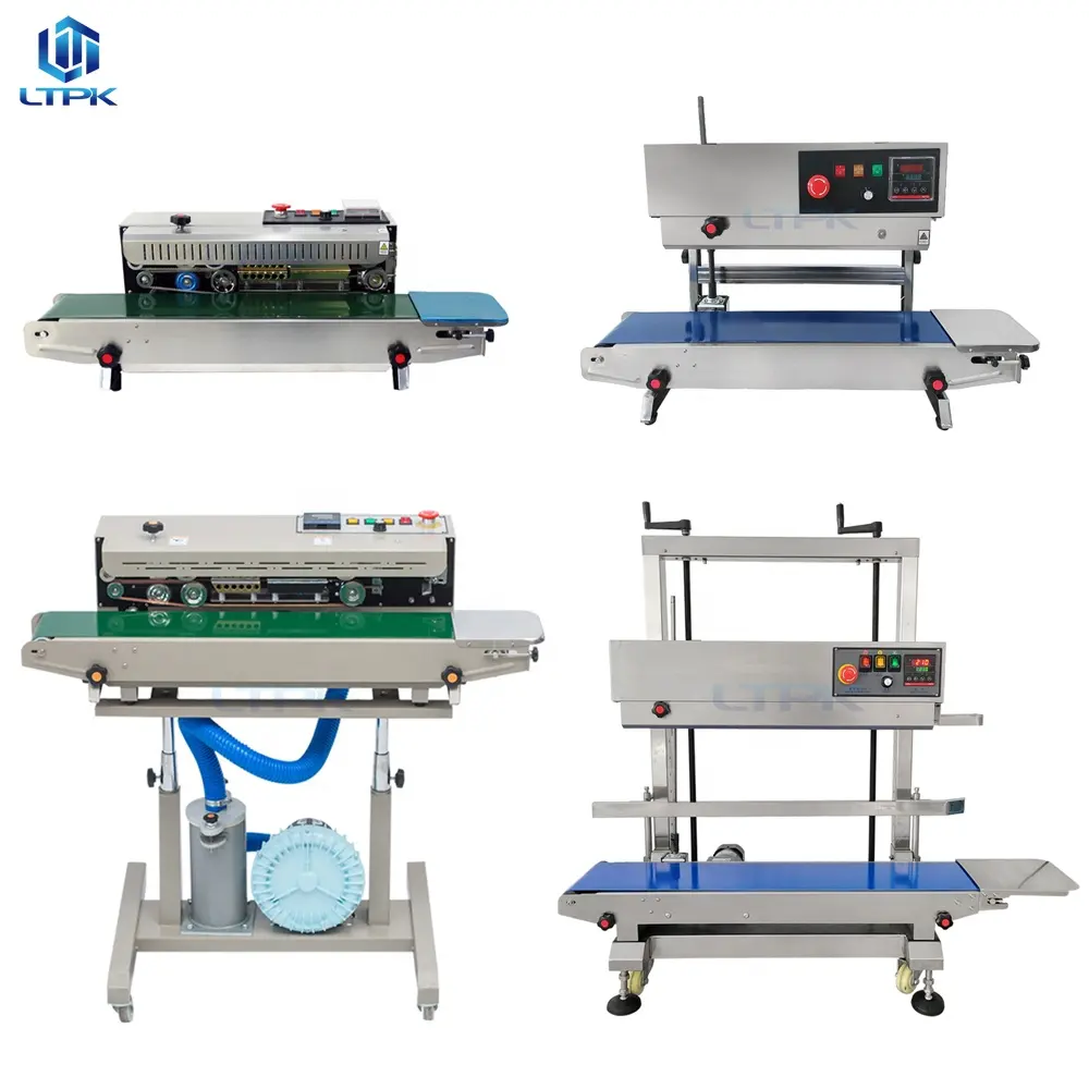 Continuous band sealer machine of all kinds for plastic aluminum foil paper bags sealing packing with date printing stamping