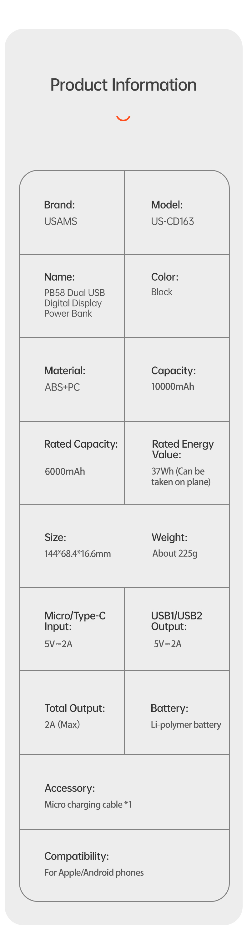 USAMS PB58 10000mAh High Power Dual USB Fast Charging Power Bank Type C With LED Digital Display US-CD163 19 H6c36f579a82d4b7bb4ecfcb6c7841e1cs