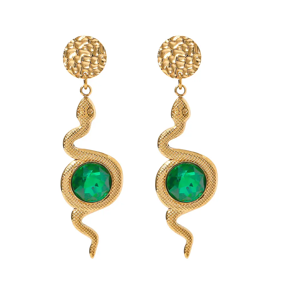 Boucles d'oreilles tendance en acier inoxydable, plaqué or 18K, martelé en forme de serpent, Zircon vert, pendentif, bijoux pour femmes