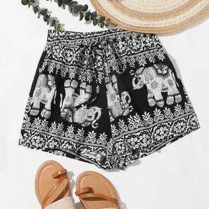 Olifant Ketting Gedrukt Shorts Met Elastische Taille, Vrouwen Shorts, Strand Korte