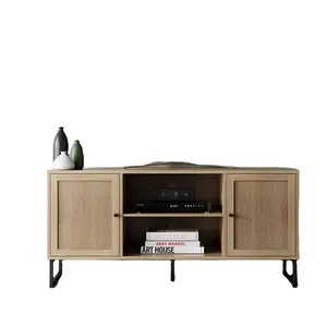 Modern TV Stand, Entertainment Cabinet Console with a Natural Rattan Storage Doors, Finish Brass Accents for Living Media Room