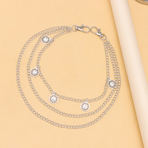 โซ่คล้องกางเกงโลหะหลายชั้นพร้อมจี้รูปพระอาทิตย์ โซ่คาดเอวสไตล์ฮิปฮอปสำหรับใส่ทุกวัน สีเงินทิเบต - Product Image 3