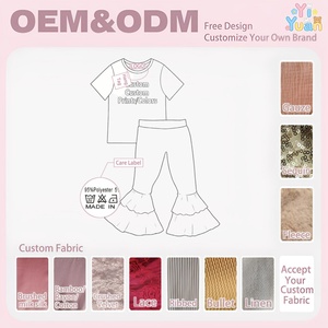 Conjunto de ropa elástica de 2 piezas para niñas pequeñas: camiseta de manga corta con estampado de cactus y pantalones acampanados con volantes y estampado de leopardo - Product Image 2