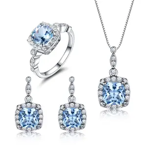 时尚高级珠宝新娘婚礼蓝色锆石宝石 925 银首饰套装