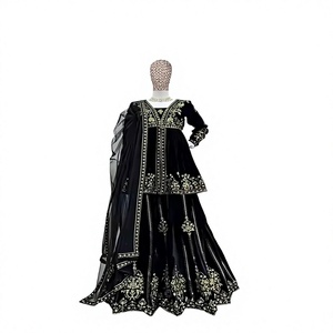 Embroidered Black Velvet Bollywood Palazzo Dress Indian Pakistani Wedding Party Wear Sharara Suit with Elegant Dupatta - Product Image 1
