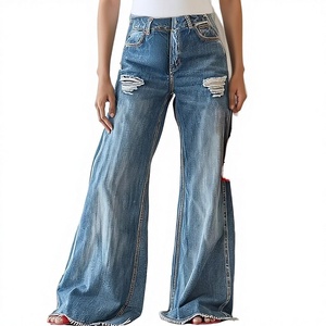 Pantalones vaqueros acampanados de cintura alta con pliegues para mujer, diseño único, lavado de verano, moda casual al por mayor - Product Image 2