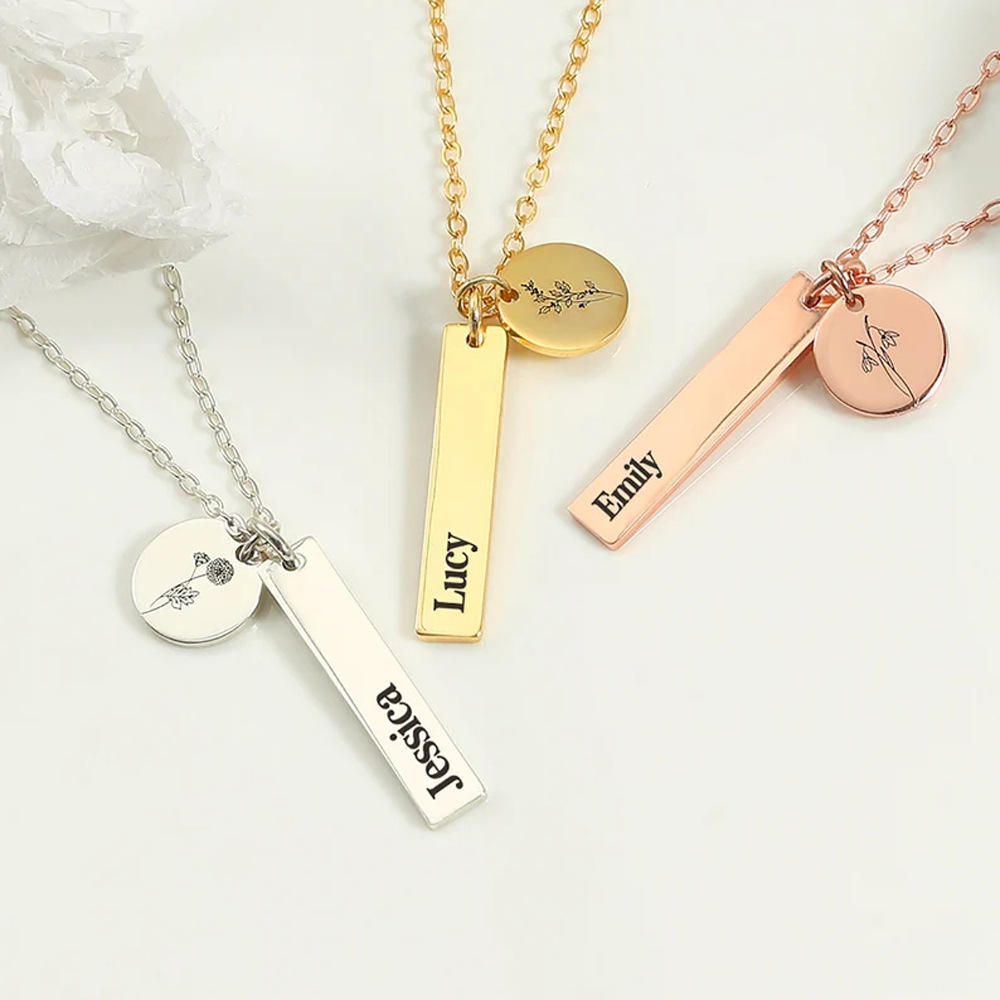 Custom Engraving Stainless Steel 18K Gold Plated Name Disk Long Bar Blanks Nameplate Pendant Jewelry Necklace