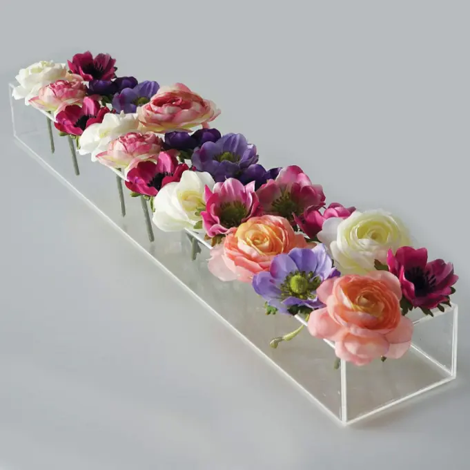 Dikdörtgen çiçek Centerpiece için yemek masası akrilik Modern vazo 24 inç uzun dikdörtgen vazo ile LED