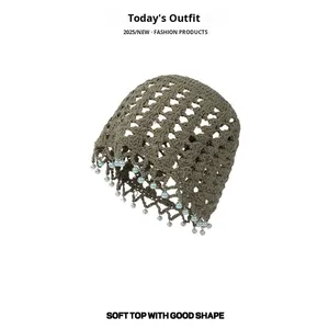 Haute qualité femmes décontracté couleur unie Crochet <span class=keywords><strong>Bonnet</strong></span> chapeau évider Beanie pour la décoration de cheveux - Product Image 4