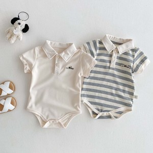 Combinaisons pour bébé à manches courtes d'été, col côtelé avec boutons-pression, motifs rayés unis, combinaisons en coton doux - Product Image 1
