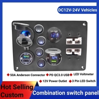 Interrupteur à bascule rond 4 gangues avec panneau en aluminium, voltmètre, interrupteur à bascule 12V, port USB PD, prise allume-cigare, prise Anderson 50A