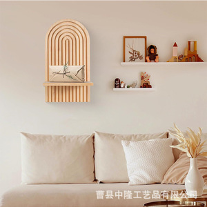 Wooden Bohemian <b>Wall</b> <b>Shelf</b> Geometric Natural Wood Color <b>Wall</b> <b>Mounted</b> Single Layer Decor Rack For Living Room - Product Image 5