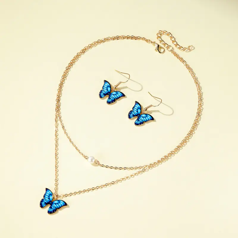 Fashion Gold Plated Jewelry Sets Cute Colorful Enamel Pearl Butterfly Pendent Necklaces and Earring Set