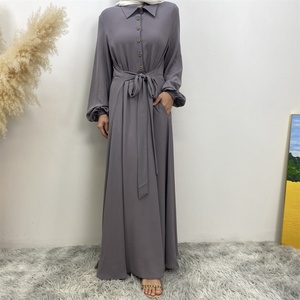 6771# New Bubble Chiffon Dress Shirt Collar Half Front Buttons Belt Sew With Side Together Side Pockets Fashion Eid Abaya Dress - Product Image 4