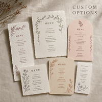 Menus de mariage personnalisés faits à la main en papier, bord festonné rustique avec un design floral minimaliste