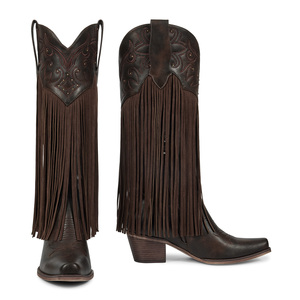 WETKISS Bottes Western pour Femme, hauteur genou, à franges et pompons, avec fermeture éclair latérale, bout pointu, talon moyen, style Cowgirl, pour Concerts Country - Product Image 2