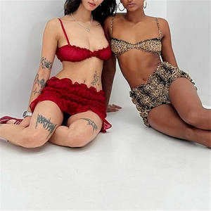 Conjunto de dos piezas de malla Sexy Club de verano para mujer, camisola de leopardo + Pantalones cortos con cordones, atuendo a juego - Product Image 4