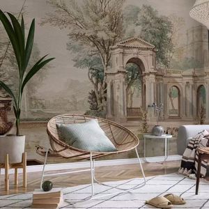 <span class=keywords><strong>Papier</strong></span> peint mural <span class=keywords><strong>panoramique</strong></span> non tissé style palais rétro moderne, motif forêt pour la décoration du canapé du salon - Product Image 1