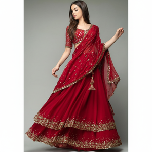 DESIGNER GEORGETTE EMBROIDERY and SEQUENCE WORK SEMI STITCHED LEHENA CHOLI for WOMEN <b>RED</b> - Product Image 2