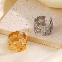 Cincin Terbuka Daun Ginkgo Baja Tahan Karat Gaya Eropa dan Amerika, Cincin Daun Baja Titanium Hip Hop yang Dipersonalisasi dan Berukuran Besar