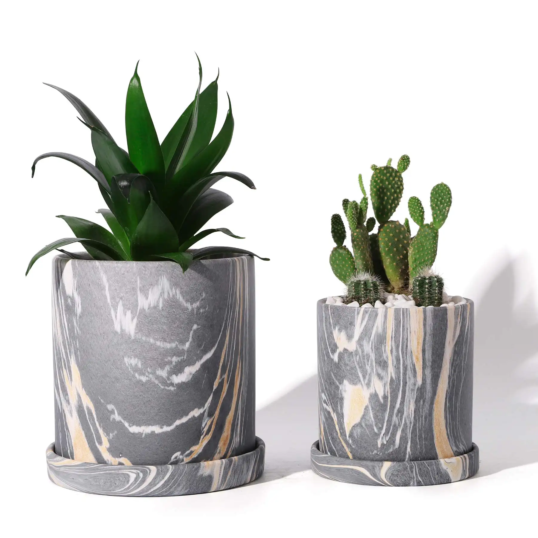 Set Of 2 (Gray) Terrazzo Ceramic Flower Plants Pots Planter 3.8 Inch + 5.1 Inch Marble Container Drainage With Saucer For Herb