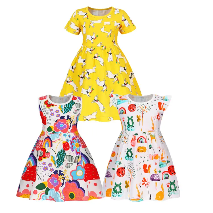 Summer Kids Flower Print Casual Fashion Girls Dress Round Neck Sweet Children Party Costume Baby Toddler Clothes