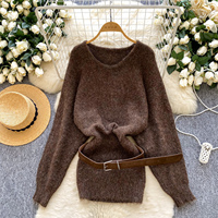 Pull-over élégant à col en V en maille ample pour femme, doux, respirant, décontracté, à manches longues, pour l'automne et l'hiver, usage quotidien