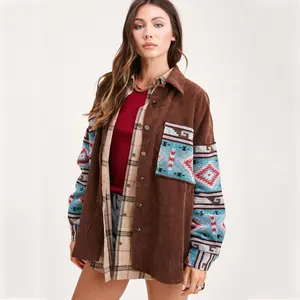 Sonbahar 2022 kadın Blazer Vintage aztek Shacket ile ekleme baskı aşağı dolu pazen kumaş kadife bayanlar ceket
