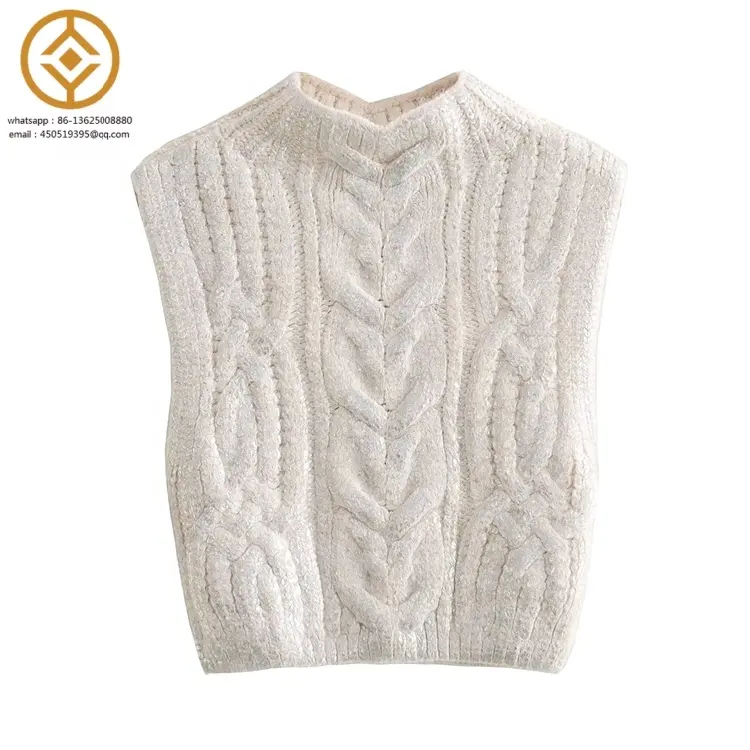 H0902C Metallic Turtleneck Women Sweater Vest Cable Knitted Sleeveless Vest Woman Pullover Cropped Sweaters Woman Crop Knit Top