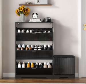 <span class=keywords><strong>Meuble</strong></span> à chaussures noir rainuré avec 4 tiroirs basculants et banc, range-chaussures étroit en bois dissimulé pour entrée - Product Image 5