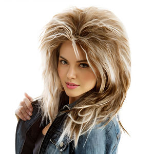 วิกผมโยกสไตล์80S สำหรับ<span class=keywords><strong>ผู้หญิง</strong></span>วิก<span class=keywords><strong>ผม</strong></span>ยาวหลายชั้นสำหรับงานปาร์ตี้คอสเพลย์แจ็คเก็ตยีนส์จับคู่ชุดเครื่องประดับปลายแขนเสื้อลายเสือดาว - Product Image 2