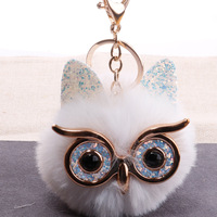 Porte-clés hibou en peluche coloré et moelleux, pendentif boule de fourrure de lapin 8 cm, rembourré en coton PP, breloque de sac pour filles, cadeau de fête