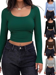 Wholesale Women Ribbed Knit T Shirt Square Neck Long Sleeve <b>Cropped</b> Slim Fit Summer Casual <b>Top</b> Embroidery Logo - Product Image 1