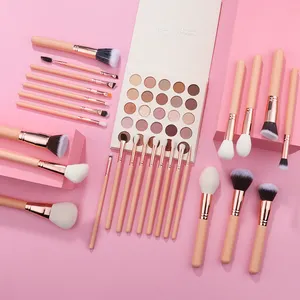 Kit complet de pinceaux de maquillage cosmétique 26 pièces avec logo personnalisé, kit d'outils, cheveux naturels doux, manche en bois, or rose, vente d'usine à bas quantité minimale de commande