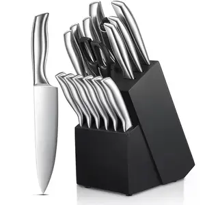 حامل سكاكين خشبي أسود بمقبض مجوف مريح، طقم مكعبات سكاكين مطبخ من الفولاذ المقاوم للصدأ مكون من 16 قطعة