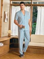 Ensemble de pyjama deux pièces rayé à col, en tissu doux tissé, pour couples, vente en gros d'usine