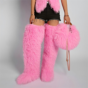 Ensemble chaussures et sac SHIKOL, bottes en fourrure moelleuse à hauteur de cuisse, bottes sexy pour filles rebelles, bottes en fausse fourrure, sacs à main, sacs à bandoulière, fourrure pelucheuse, hiver - Product Image 5