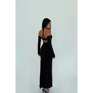 Robe de soirée noire à nouer, manches longues, coupe trapèze, pour femmes, tailles XS à XL, de luxe, pour fêtes formelles, longueur genou, taille empire tombante - Product Image 1