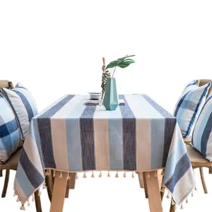 VTC-1016, Rectangular Party Table Cloths Blue Mediterranean Cotton Striped Table Cover Picnic Cloth for Kitchen Home